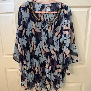 Catherine's Crinkle‎ Tunic Blouse 2x Beaded Stretchy Floral Lightweight Career